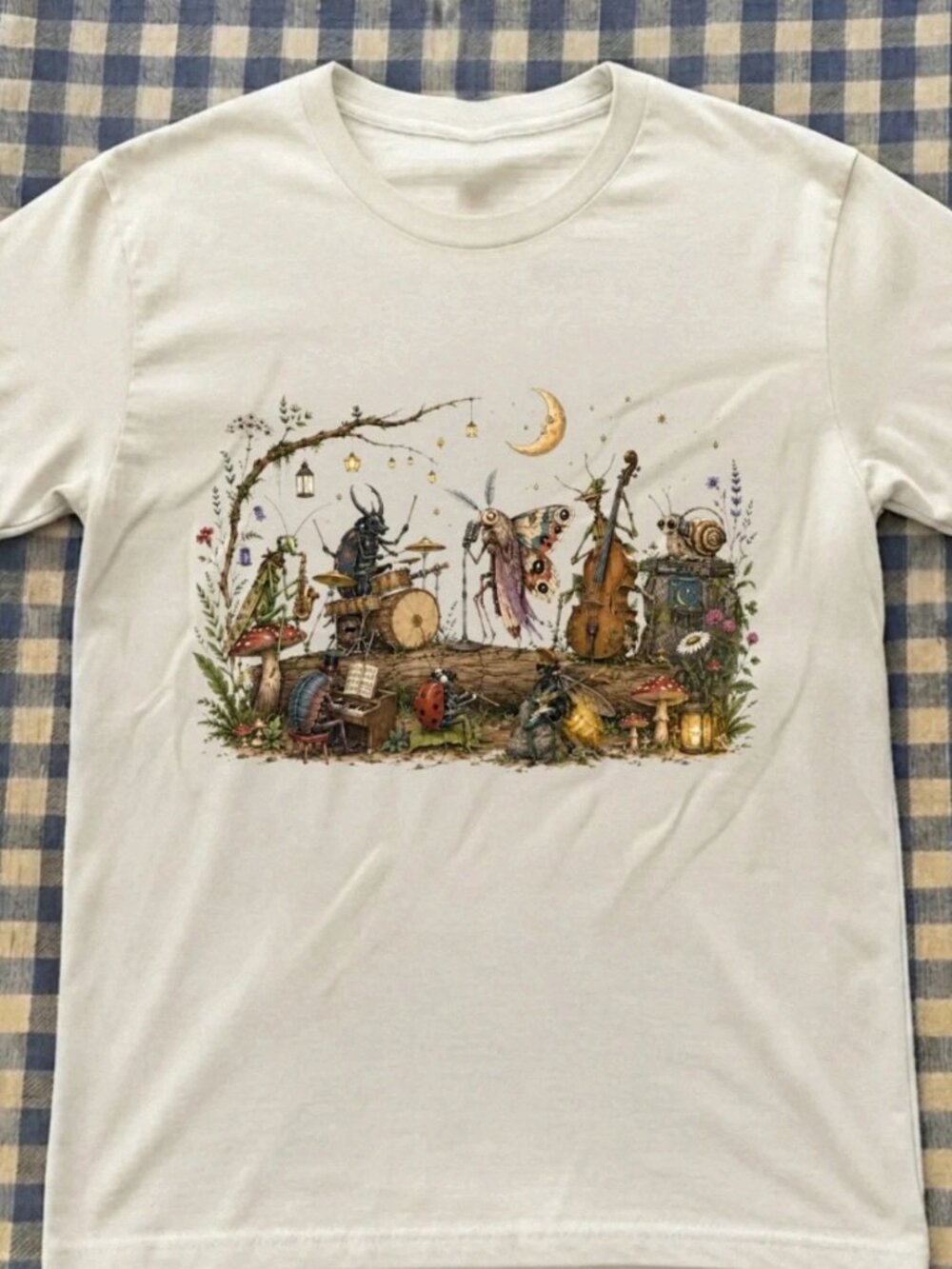Off White T‑Shirt with Whimsical Insect Band Illustration Reprint